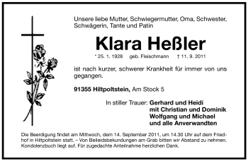 Traueranzeige von Klara Heßler von Pegnitz-Zeitung